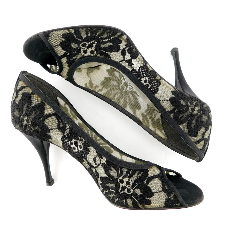 STURAT WEITZMAN Black Floral Lace Peep Toe Evening Heel Pumps 7 - Picture 4 of 8